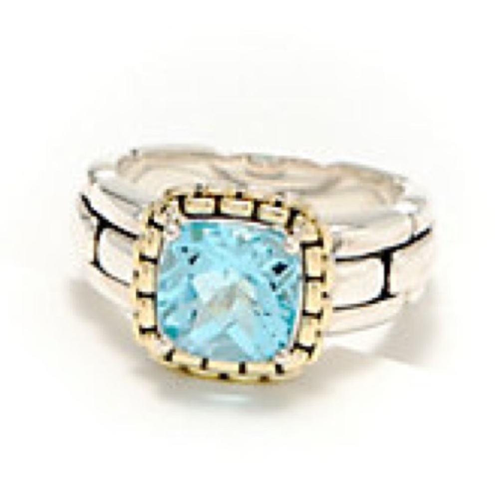 NEW JAI Solid 14k Gold, Sterling Silver, Cushion Cut Blue Topaz Gem Ring  Size 5